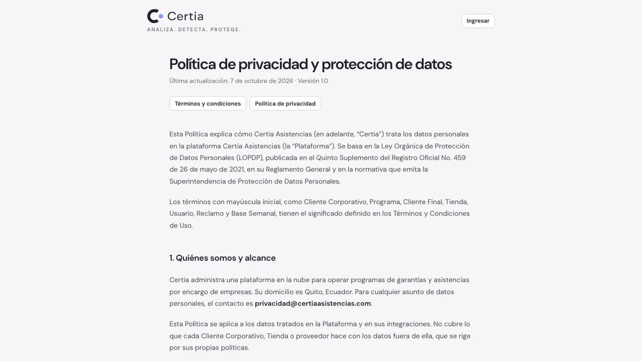 Terms and privacy written under Ecuador's data protection law.