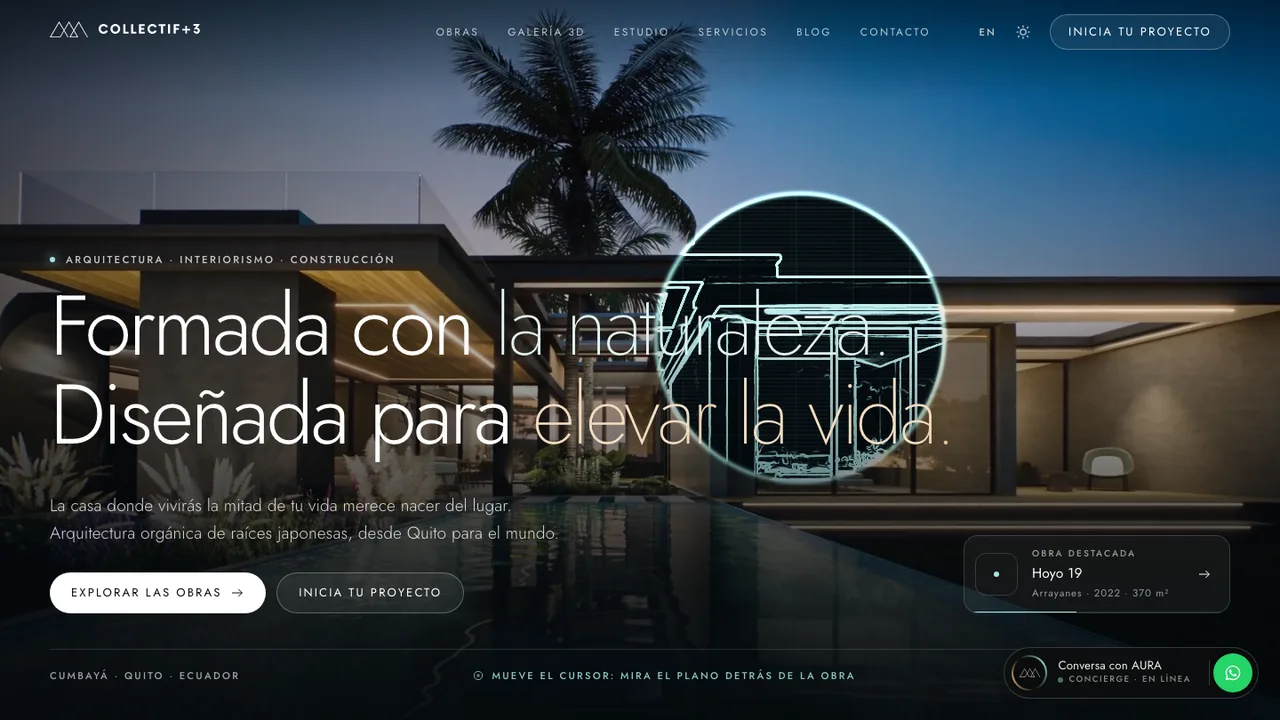 Homepage: the cursor reveals the blueprint behind the house.
