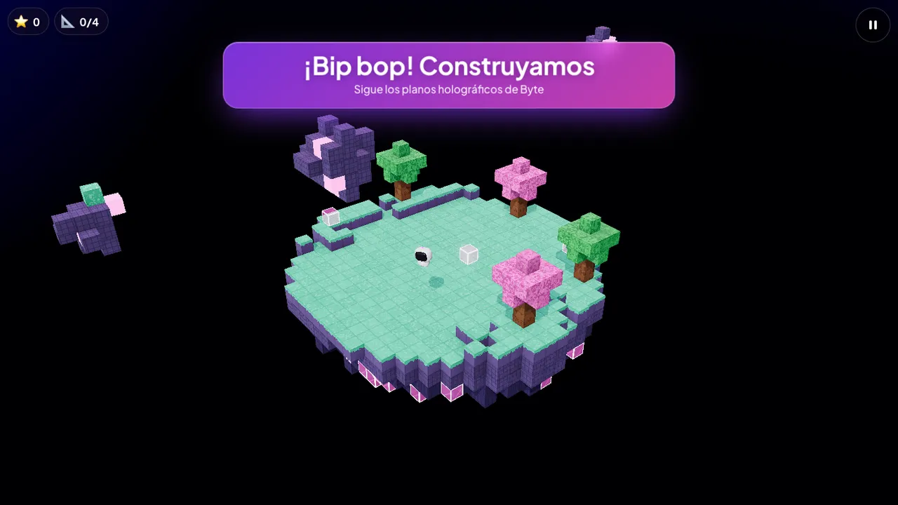 Cosmic Blocks: Byte guides the build cube by cube on a floating island.