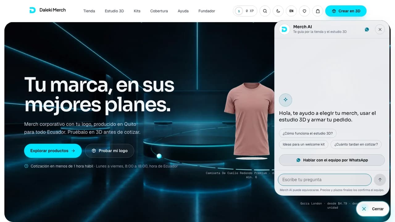 Merch AI guides the visit and connects with the team through WhatsApp.