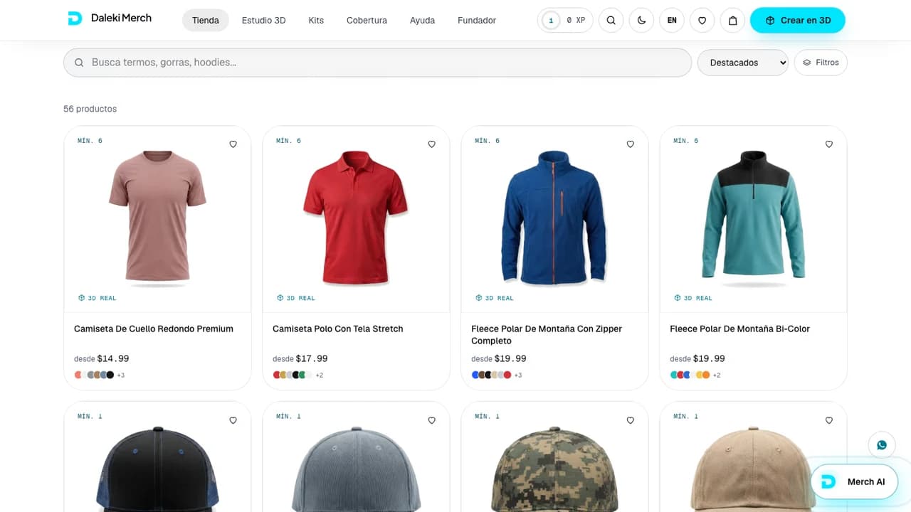 A catalog organized by family, with the starting price and minimum order on every product.