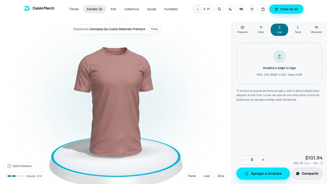 3D studio: choose a product and color, upload your logo, and place it on the piece.
